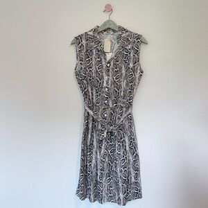 NWT Laura Bianchi Linen Snake Print Button-Front Knee Length Dress